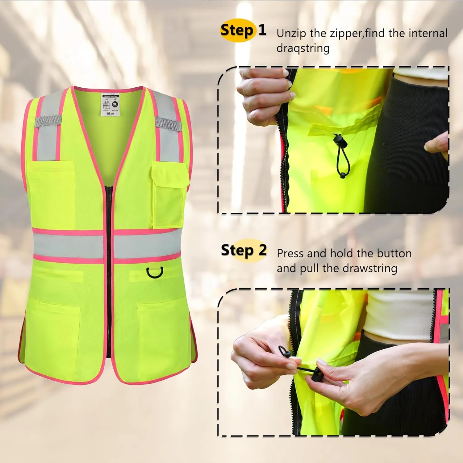 Women's ANSI Class 2 High-Vis Safety Vest with Reflective Strips, Zipper Pockets & Adjustable Waist - Yellow/Pink Construction Work Vest for Warehouse Personnel, Road Crews XL