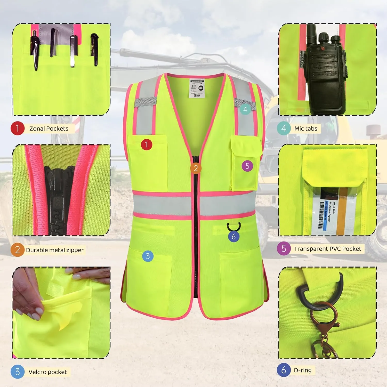 Women's ANSI Class 2 High-Vis Safety Vest with Reflective Strips, Zipper Pockets & Adjustable Waist - Yellow/Pink Construction Work Vest for Warehouse Personnel, Road Crews XL