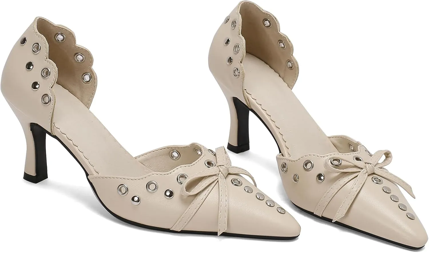 Women's Black Heels, Elegant Bow Pointed-Toe Heels, Sexy Vintage Studded Kitten Heels, Dress Party Wedding Work Backless Mule Pumps