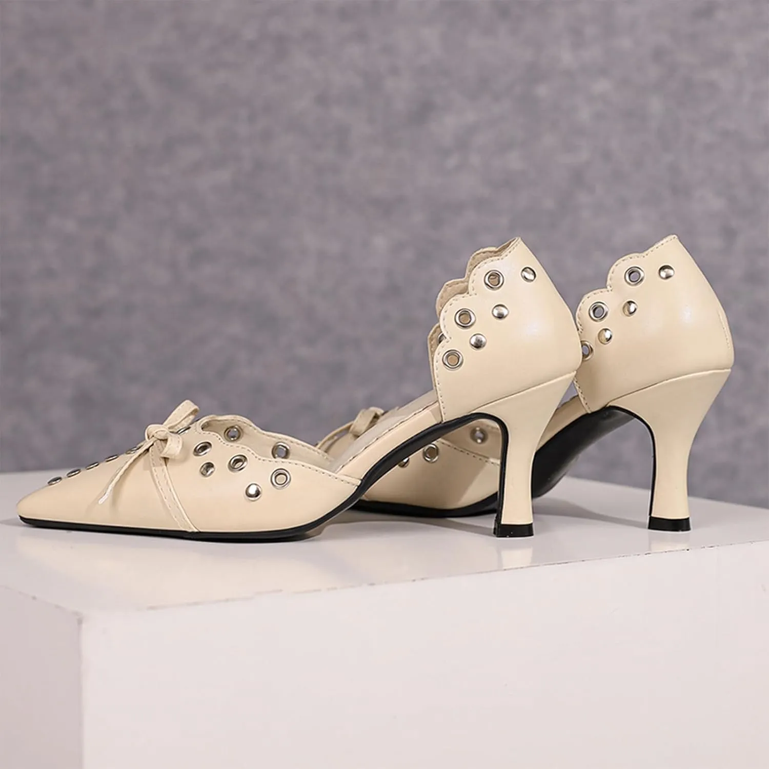 Women's Black Heels, Elegant Bow Pointed-Toe Heels, Sexy Vintage Studded Kitten Heels, Dress Party Wedding Work Backless Mule Pumps