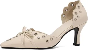 Women's Black Heels, Elegant Bow Pointed-Toe Heels, Sexy Vintage Studded Kitten Heels, Dress Party Wedding Work Backless Mule Pumps