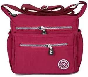 Women's classic multi zipper crossbody bag, shoulder bag, casual bag (Wine Red)