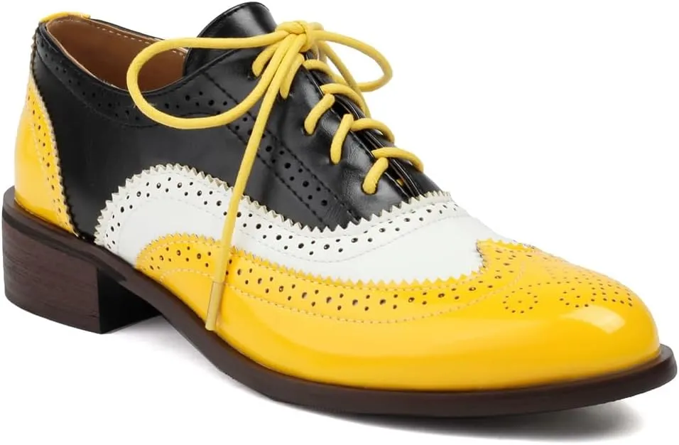 Women's Flat Saddle Oxford Shoes Two Toned Round Toe Wingtip Lace Up Perforated Low Heel School Oxfords Brogues