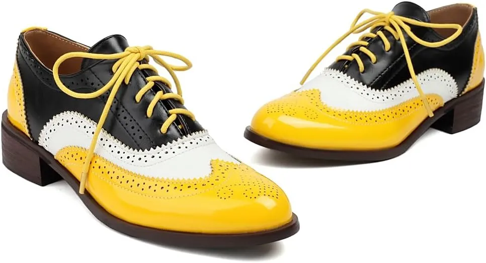 Women's Flat Saddle Oxford Shoes Two Toned Round Toe Wingtip Lace Up Perforated Low Heel School Oxfords Brogues