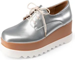 Women's Platform Oxford Shoes Classic Chunky Patent Leather PU Square Toe Wedges Casual Lace Up Sneakers