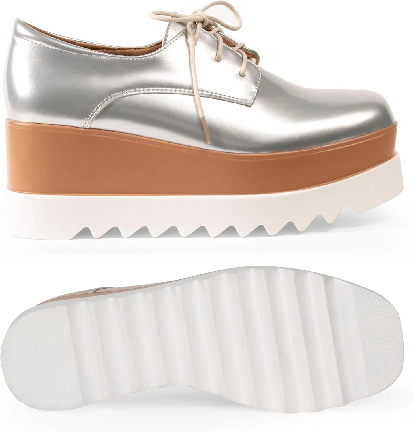 Women's Platform Oxford Shoes Classic Chunky Patent Leather PU Square Toe Wedges Casual Lace Up Sneakers