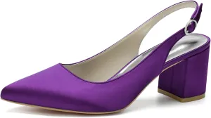 Womens Slingback Closed Pointed Toe Heels Satin Strap Block Chunky Heel Office Bridal Pumps Shoes