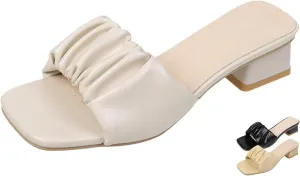 Women's Square Open Toe Low Chunky Heel Mule Sandals,Fashion Pleated Design Slip-on Block Heel Slides Sandals Lightweight Comfort Dress Sandals