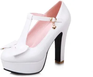 Women's T-Strap Mary Jane Platform Oxford Pumps Round Toe Bowknot Chunky High Heels Dress Shoes