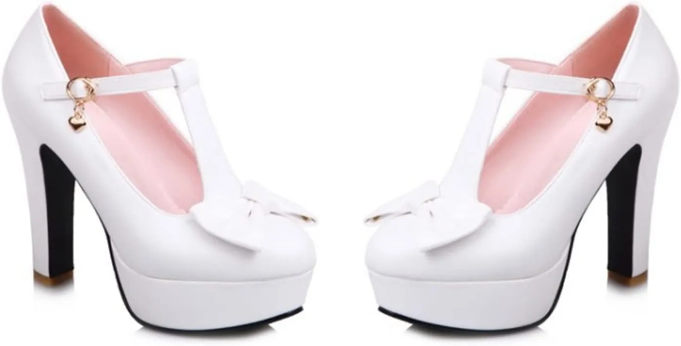 Women's T-Strap Mary Jane Platform Oxford Pumps Round Toe Bowknot Chunky High Heels Dress Shoes