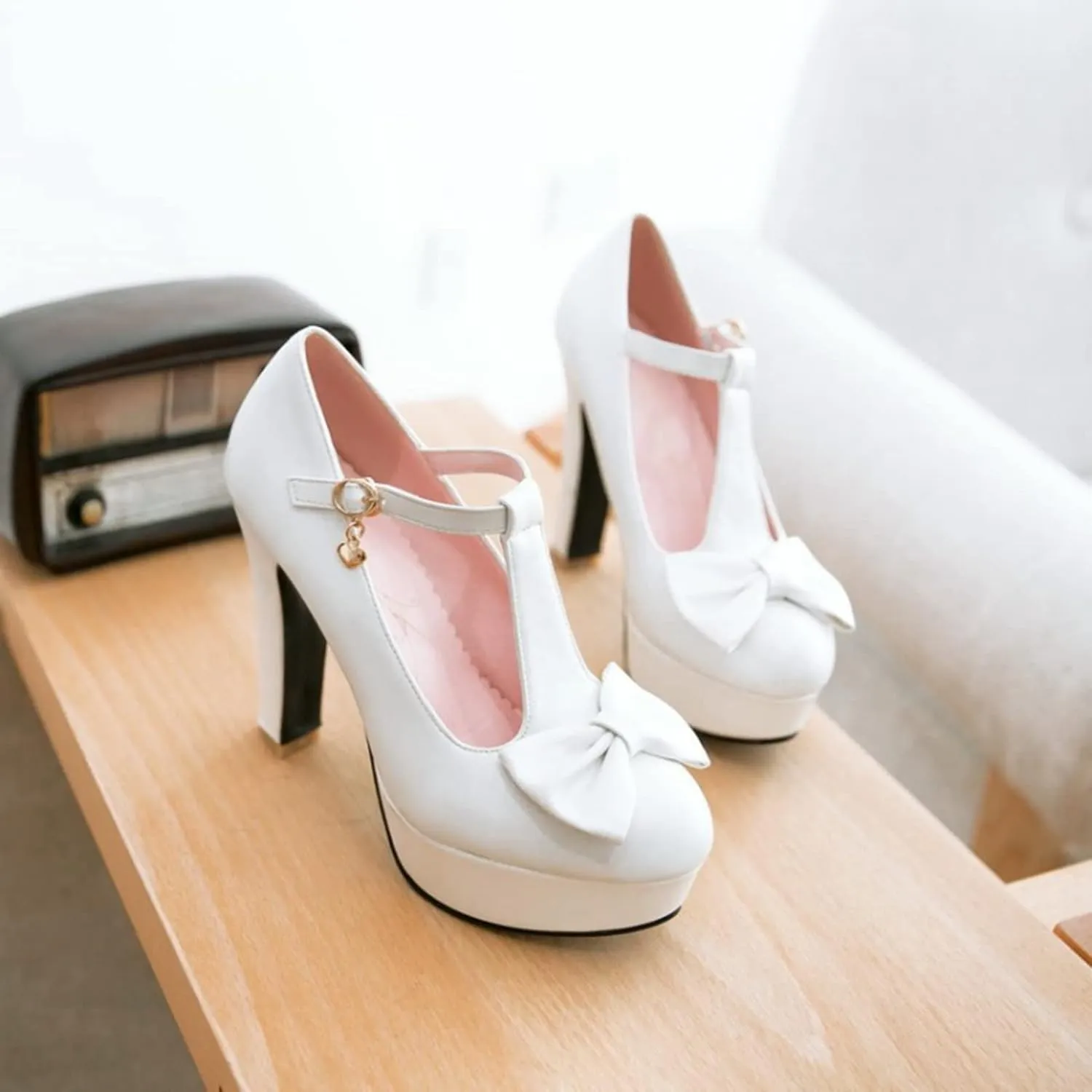 Women's T-Strap Mary Jane Platform Oxford Pumps Round Toe Bowknot Chunky High Heels Dress Shoes