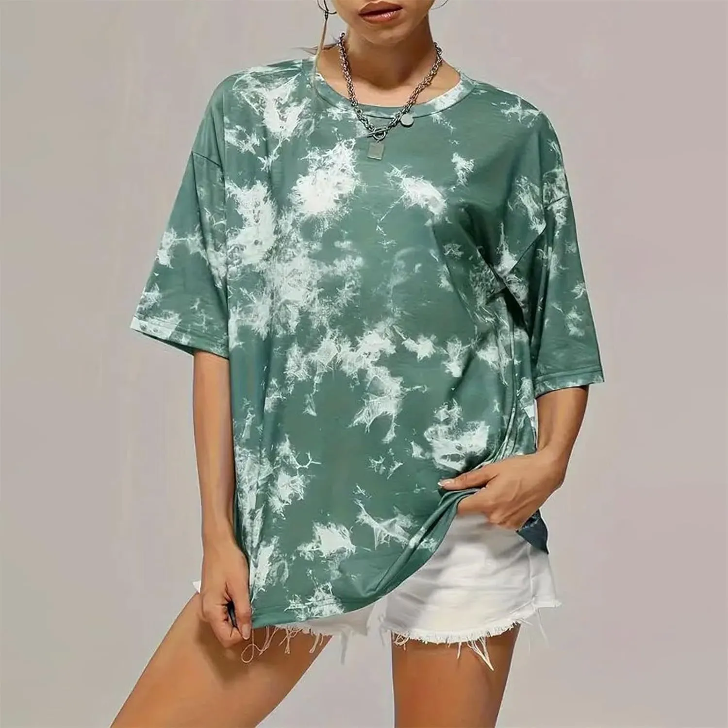 Women's Tie-Dye Fashion Y2K Oversized Tees Casual Short Sleeve Crew Neck Shirts Boyfriend Drop Shoulder Loose Fit Summer Tops