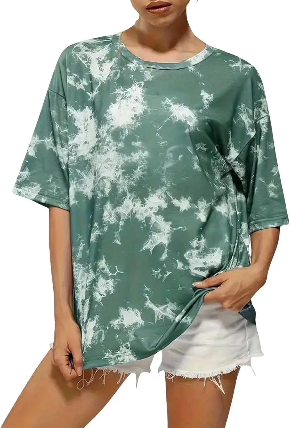 Women's Tie-Dye Fashion Y2K Oversized Tees Casual Short Sleeve Crew Neck Shirts Boyfriend Drop Shoulder Loose Fit Summer Tops