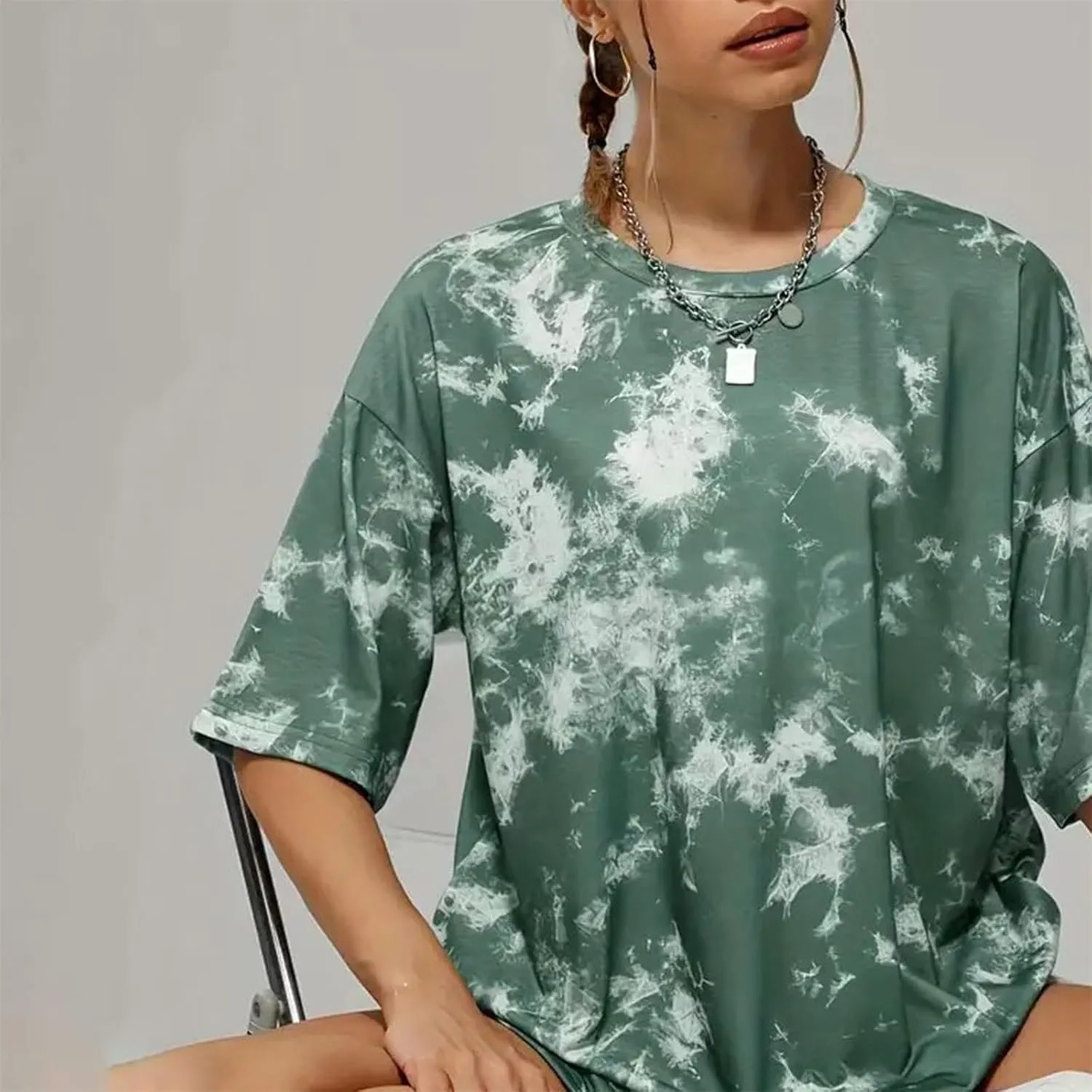 Women's Tie-Dye Fashion Y2K Oversized Tees Casual Short Sleeve Crew Neck Shirts Boyfriend Drop Shoulder Loose Fit Summer Tops