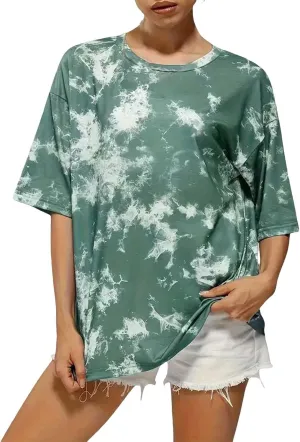 Women's Tie-Dye Fashion Y2K Oversized Tees Casual Short Sleeve Crew Neck Shirts Boyfriend Drop Shoulder Loose Fit Summer Tops