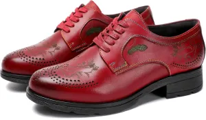 Women's Vintage Leather Oxford Shoes - Perforated Wingtip Lace-Up Oxfords in Colorful Leather