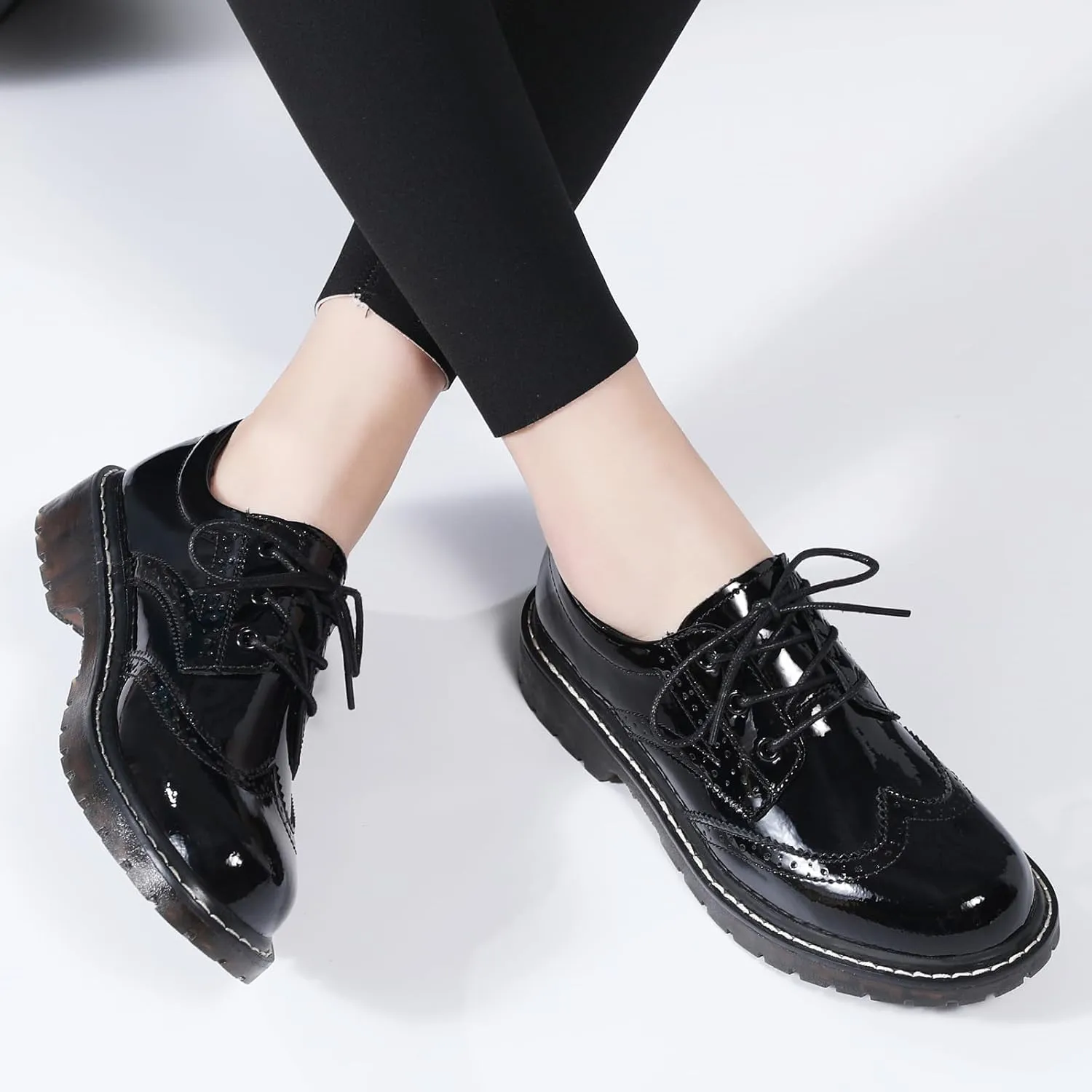 XMM Oxford Shoes for Women Women's Oxford Shoe Lace-Up Round Toe Leather Flat Classic Non-Slip Work Business Dress Office Shoes