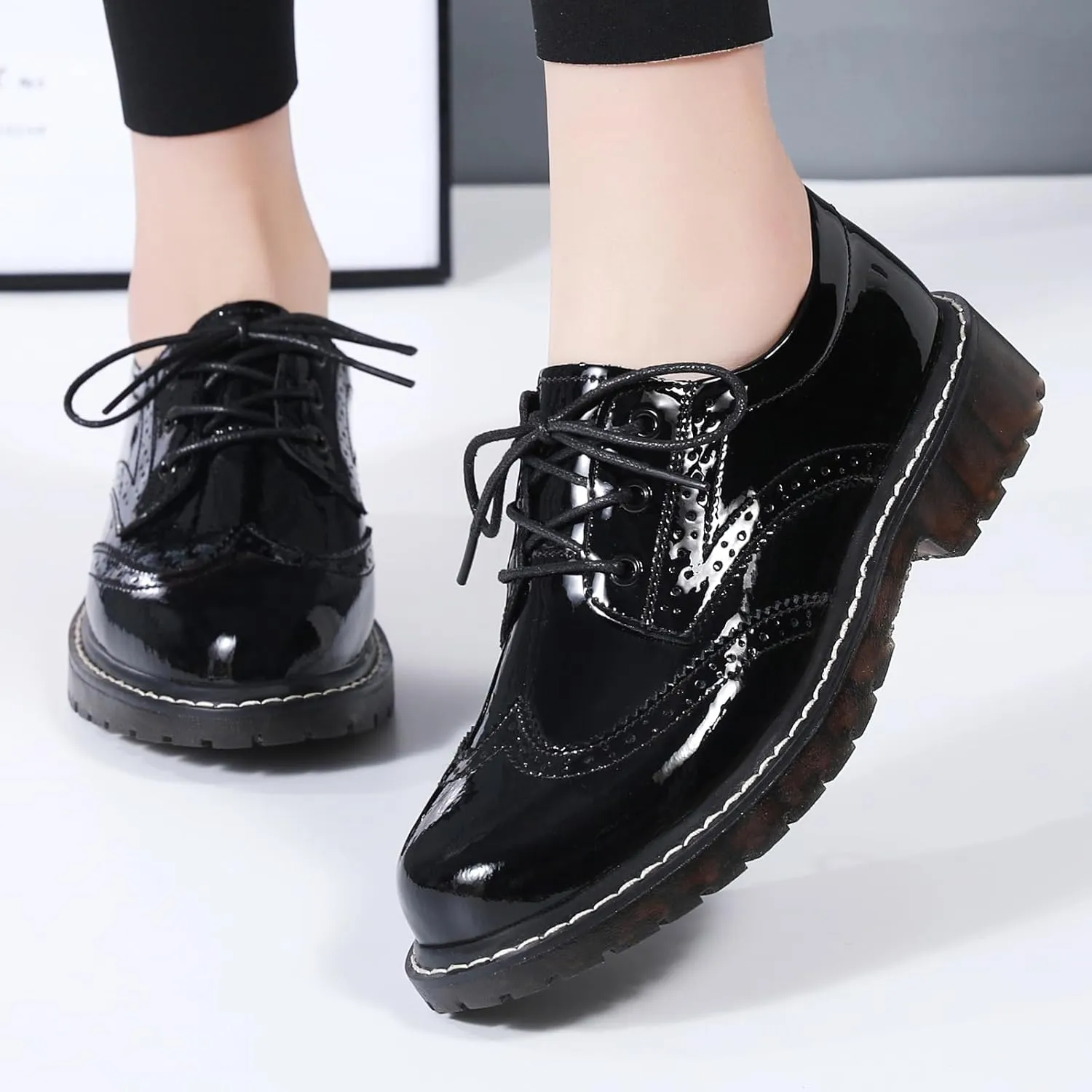 XMM Oxford Shoes for Women Women's Oxford Shoe Lace-Up Round Toe Leather Flat Classic Non-Slip Work Business Dress Office Shoes
