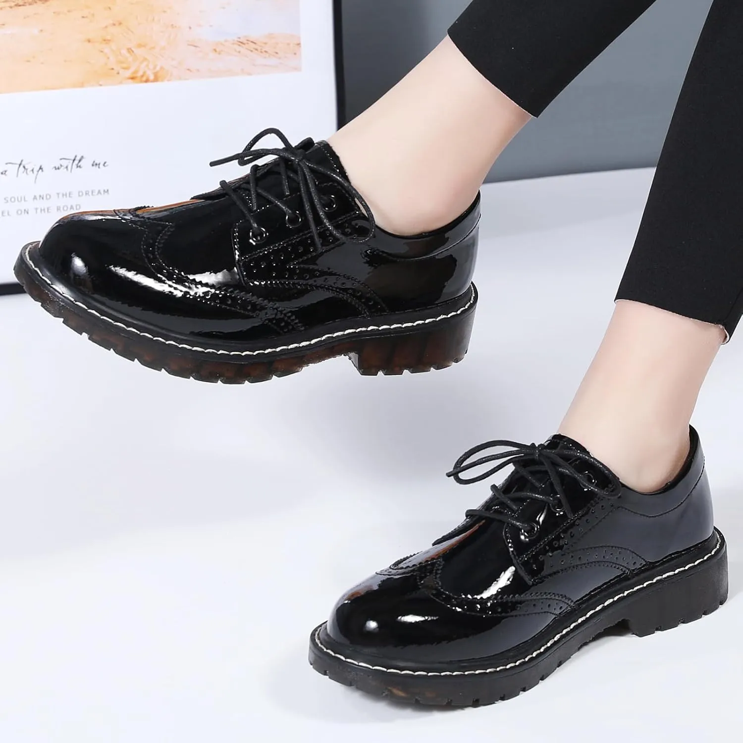 XMM Oxford Shoes for Women Women's Oxford Shoe Lace-Up Round Toe Leather Flat Classic Non-Slip Work Business Dress Office Shoes