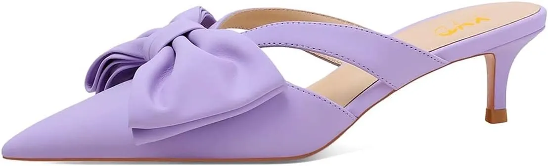 XYD Women Bowknot Closed Pointed Toe Mule Sandals Mid Kitten Heel Slip On Slide Slippers Evening Party Shoes