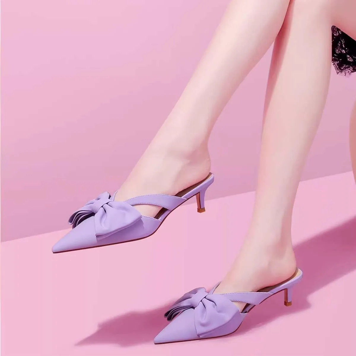 XYD Women Bowknot Closed Pointed Toe Mule Sandals Mid Kitten Heel Slip On Slide Slippers Evening Party Shoes