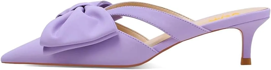XYD Women Bowknot Closed Pointed Toe Mule Sandals Mid Kitten Heel Slip On Slide Slippers Evening Party Shoes