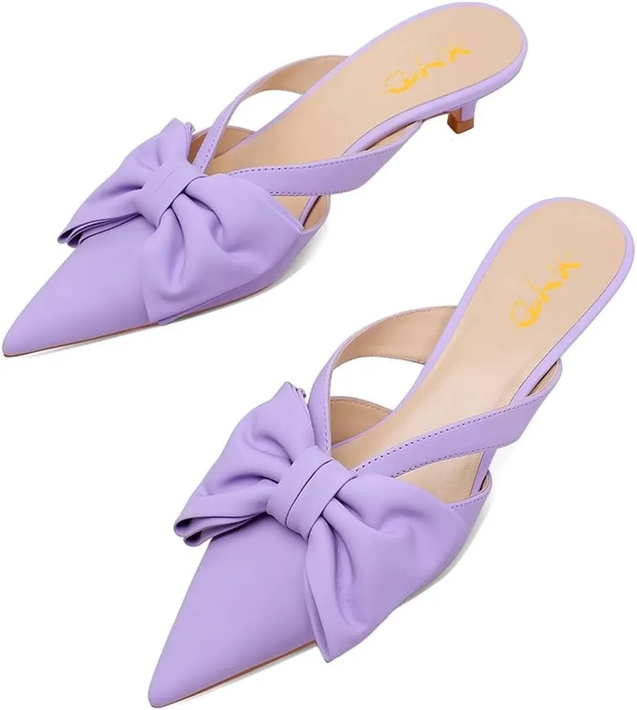 XYD Women Bowknot Closed Pointed Toe Mule Sandals Mid Kitten Heel Slip On Slide Slippers Evening Party Shoes