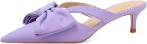 XYD Women Bowknot Closed Pointed Toe Mule Sandals Mid Kitten Heel Slip On Slide Slippers Evening Party Shoes