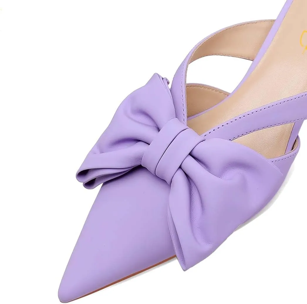 XYD Women Bowknot Closed Pointed Toe Mule Sandals Mid Kitten Heel Slip On Slide Slippers Evening Party Shoes