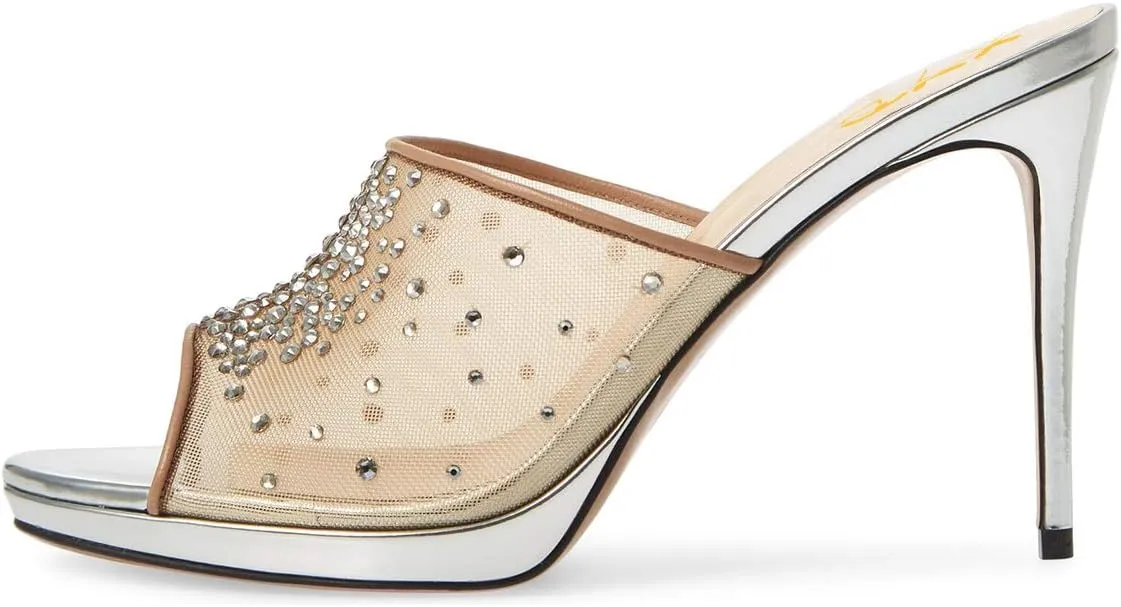 XYD Women High Heel Platform Peep Toe Mules Crystal Studded Mesh Slip On Casual Walking Dress Sandals