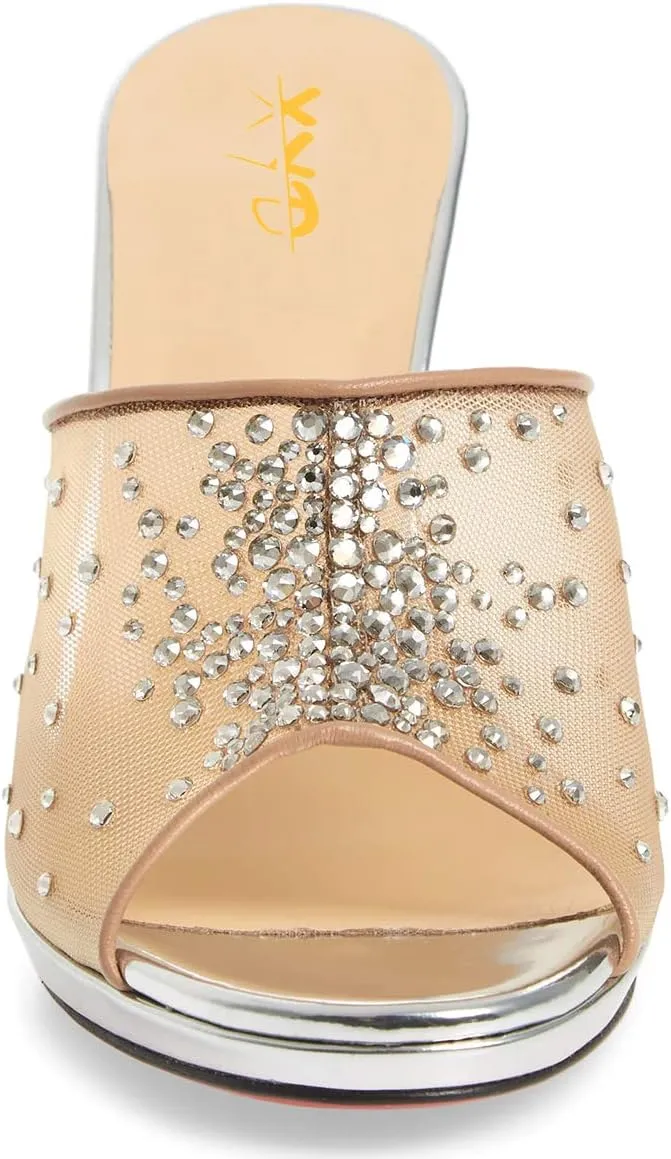 XYD Women High Heel Platform Peep Toe Mules Crystal Studded Mesh Slip On Casual Walking Dress Sandals
