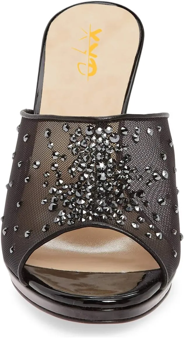 XYD Women High Heel Platform Peep Toe Mules Crystal Studded Mesh Slip On Casual Walking Dress Sandals