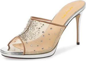 XYD Women High Heel Platform Peep Toe Mules Crystal Studded Mesh Slip On Casual Walking Dress Sandals