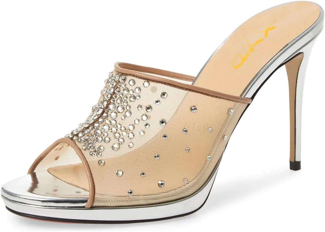XYD Women High Heel Platform Peep Toe Mules Crystal Studded Mesh Slip On Casual Walking Dress Sandals