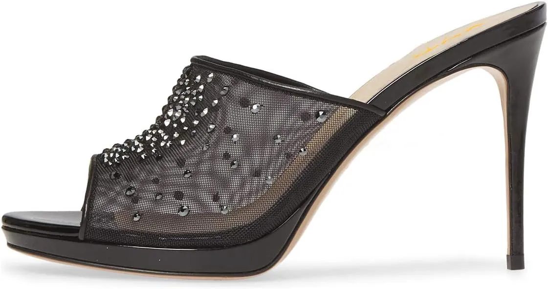 XYD Women High Heel Platform Peep Toe Mules Crystal Studded Mesh Slip On Casual Walking Dress Sandals