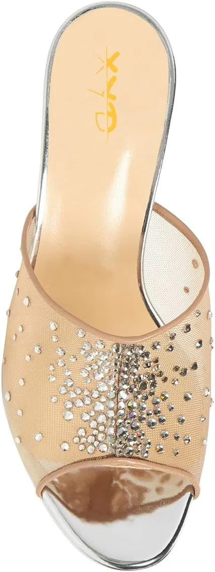 XYD Women High Heel Platform Peep Toe Mules Crystal Studded Mesh Slip On Casual Walking Dress Sandals