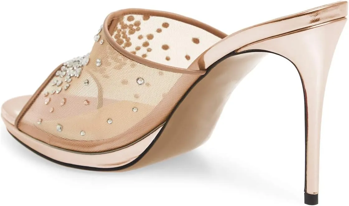 XYD Women High Heel Platform Peep Toe Mules Crystal Studded Mesh Slip On Casual Walking Dress Sandals