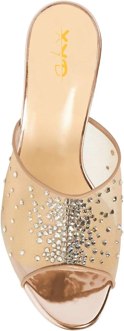 XYD Women High Heel Platform Peep Toe Mules Crystal Studded Mesh Slip On Casual Walking Dress Sandals