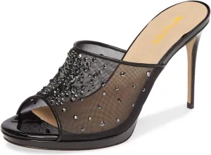 XYD Women High Heel Platform Peep Toe Mules Crystal Studded Mesh Slip On Casual Walking Dress Sandals