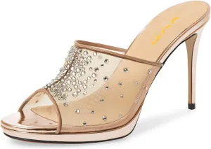 XYD Women High Heel Platform Peep Toe Mules Crystal Studded Mesh Slip On Casual Walking Dress Sandals
