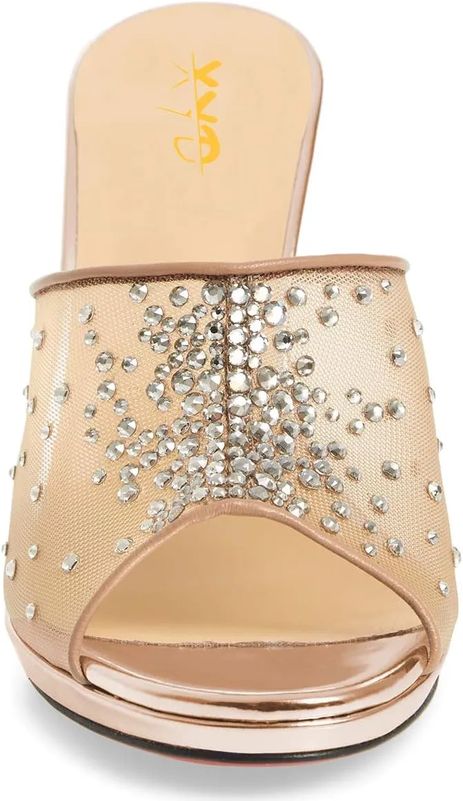 XYD Women High Heel Platform Peep Toe Mules Crystal Studded Mesh Slip On Casual Walking Dress Sandals