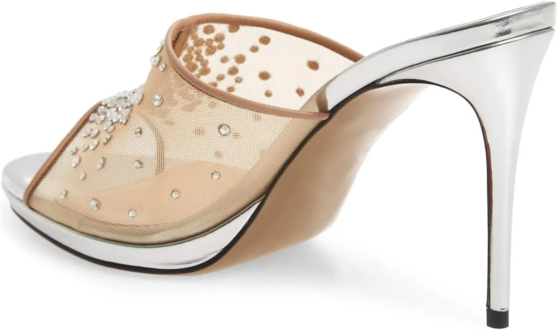 XYD Women High Heel Platform Peep Toe Mules Crystal Studded Mesh Slip On Casual Walking Dress Sandals