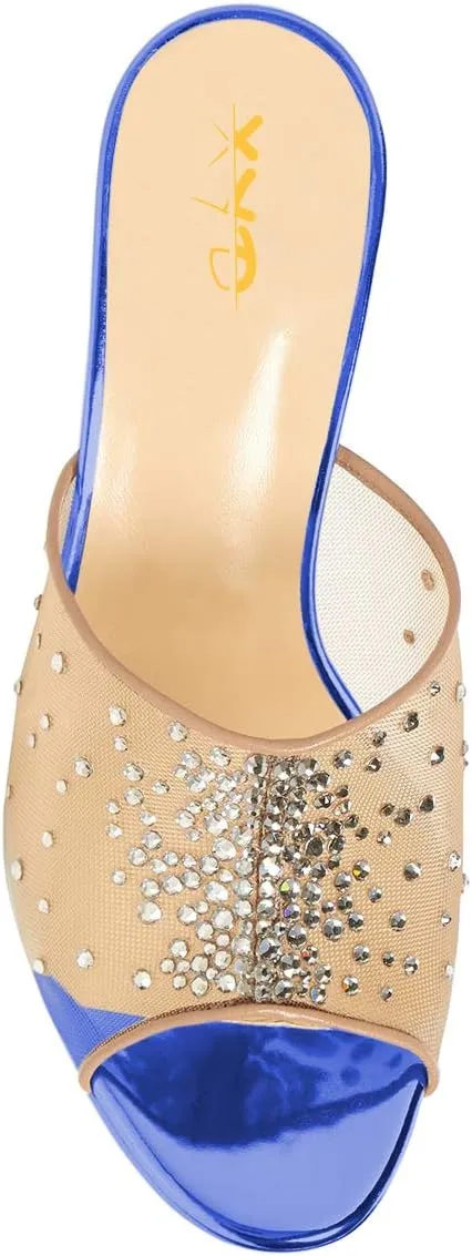 XYD Women High Heel Platform Peep Toe Mules Crystal Studded Mesh Slip On Casual Walking Dress Sandals