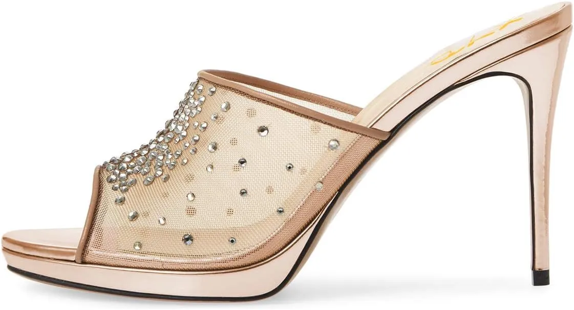 XYD Women High Heel Platform Peep Toe Mules Crystal Studded Mesh Slip On Casual Walking Dress Sandals