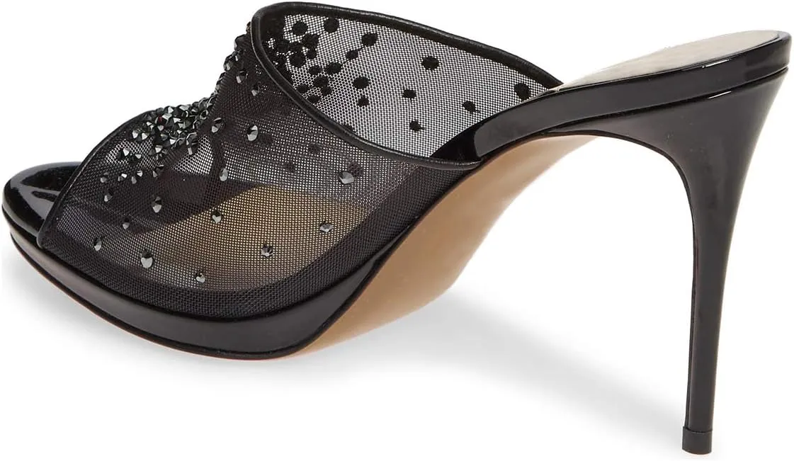 XYD Women High Heel Platform Peep Toe Mules Crystal Studded Mesh Slip On Casual Walking Dress Sandals