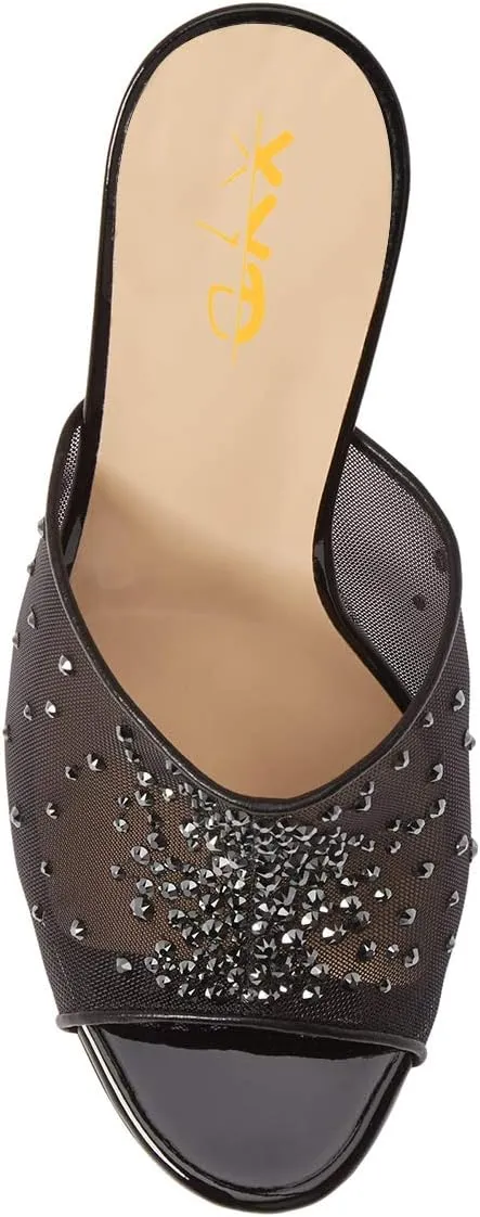 XYD Women High Heel Platform Peep Toe Mules Crystal Studded Mesh Slip On Casual Walking Dress Sandals
