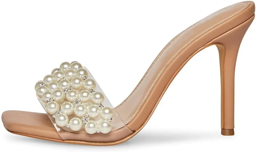 XYD Women's Open Square Toe PVC Strap with Pearl Studs Stilettos Mule Slides Slip On Backless Slippers Gorgeous Wedding Dressy Sandals