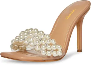 XYD Women's Open Square Toe PVC Strap with Pearl Studs Stilettos Mule Slides Slip On Backless Slippers Gorgeous Wedding Dressy Sandals