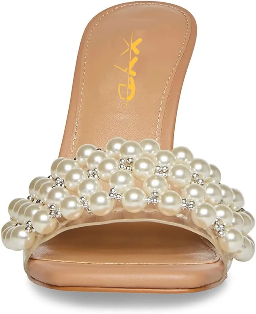 XYD Women's Open Square Toe PVC Strap with Pearl Studs Stilettos Mule Slides Slip On Backless Slippers Gorgeous Wedding Dressy Sandals
