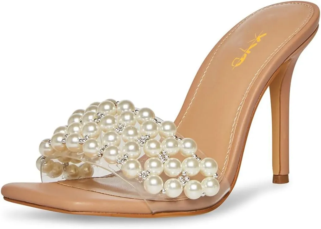 XYD Women's Open Square Toe PVC Strap with Pearl Studs Stilettos Mule Slides Slip On Backless Slippers Gorgeous Wedding Dressy Sandals